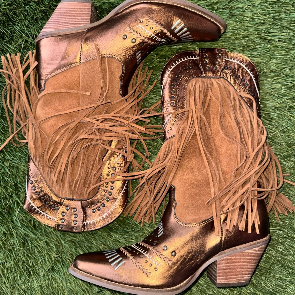 Dingo Metallic Brown Fringed Heeled Boots